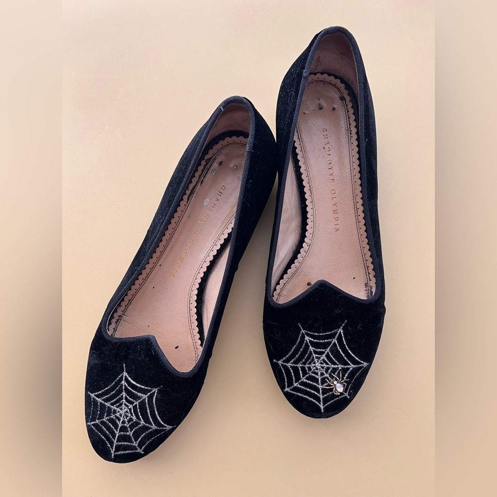 Charlotte Olympia black velvet Charlotte's Web spider smoking flats sz 39
